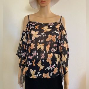 FASHION ART Butterflies Cold Shoulder Sheer Tunic Size L
